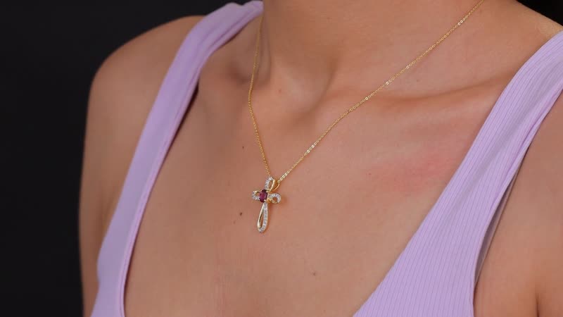 AAA Radiant Ember Garnet and White Zircon 0.80 ctw Imperial Cross Pendant Necklace in 18K Vermeil Yellow Gold Over Sterling Silver 20 Inches