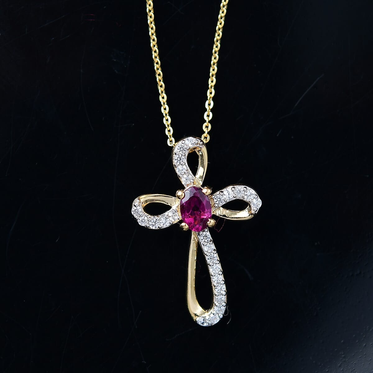 AAA Radiant Ember Garnet and White Zircon 0.80 ctw Imperial Cross Pendant Necklace in 18K Vermeil Yellow Gold Over Sterling Silver 20 Inches image number 1