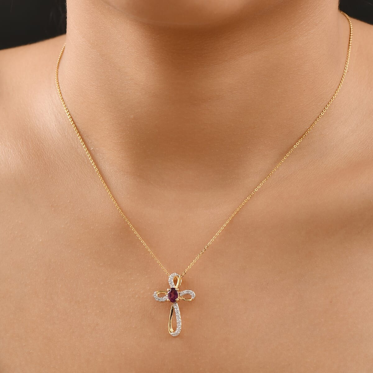 AAA Radiant Ember Garnet and White Zircon 0.80 ctw Imperial Cross Pendant Necklace in 18K Vermeil Yellow Gold Over Sterling Silver 20 Inches image number 2