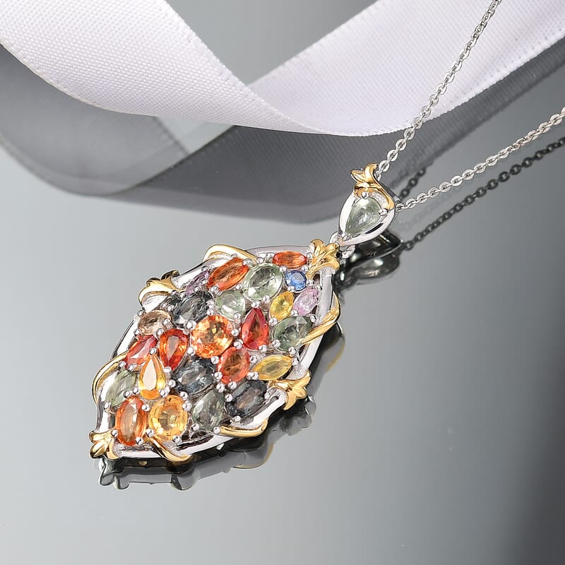 Multi Sapphire 6.71 ctw Pendant Necklace in Rhodium Over Sterling Silver 20 Inches