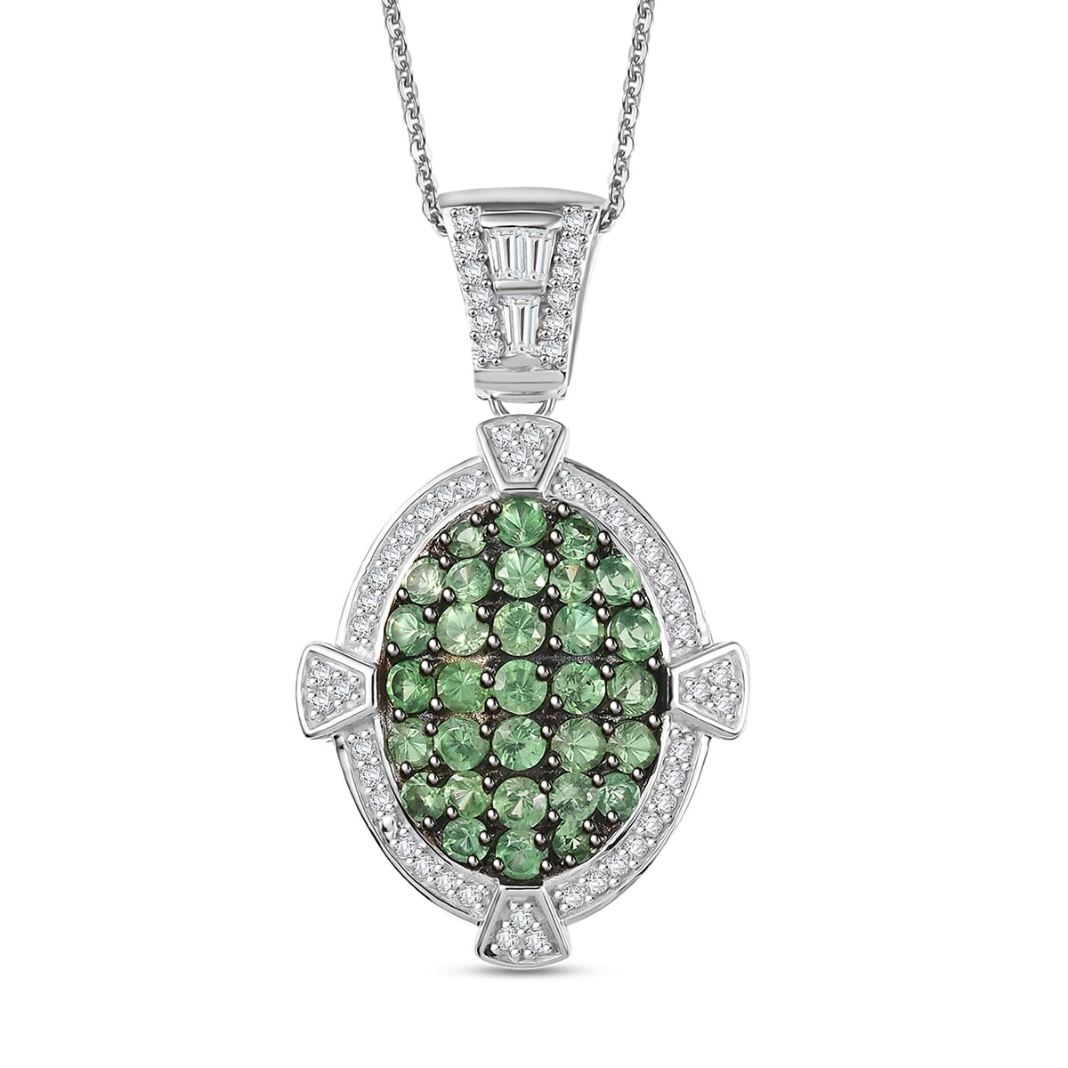 D'Joy Premium Tsavorite Garnet and White Zircon 2.30 ctw Art Deco Pendant Necklace in Rhodium Over Sterling Silver 20 Inches image number 0