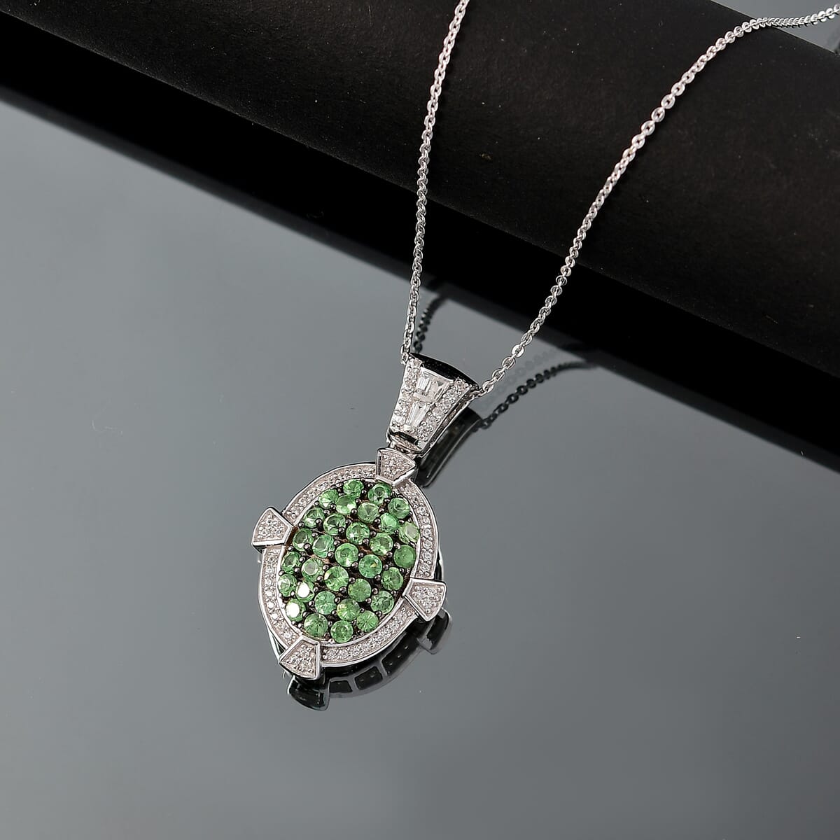 D'Joy Premium Tsavorite Garnet and White Zircon 2.30 ctw Art Deco Pendant Necklace in Rhodium Over Sterling Silver 20 Inches image number 1
