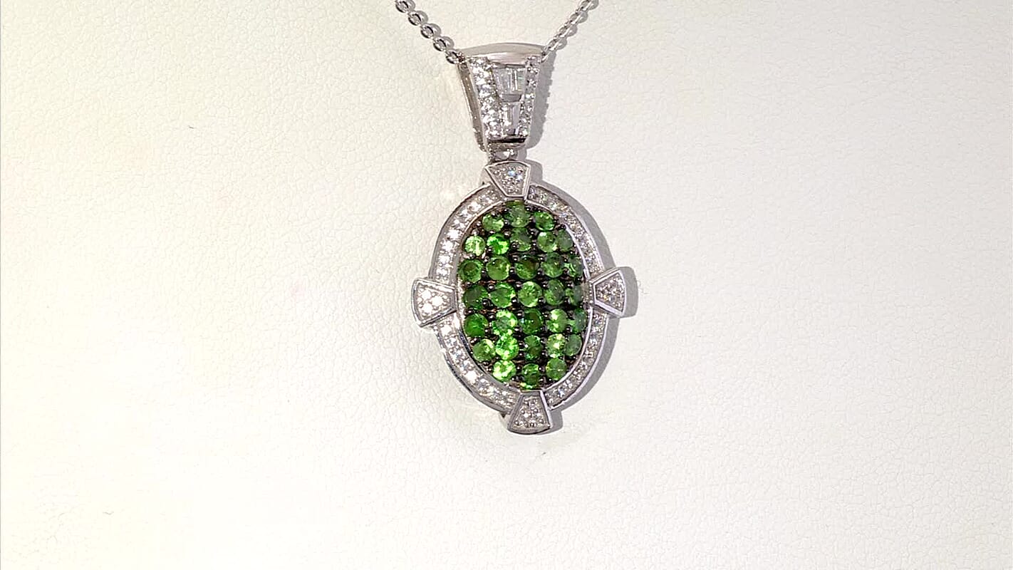 D'Joy Premium Tsavorite Garnet and White Zircon 2.30 ctw Art Deco Pendant Necklace in Rhodium Over Sterling Silver 20 Inches