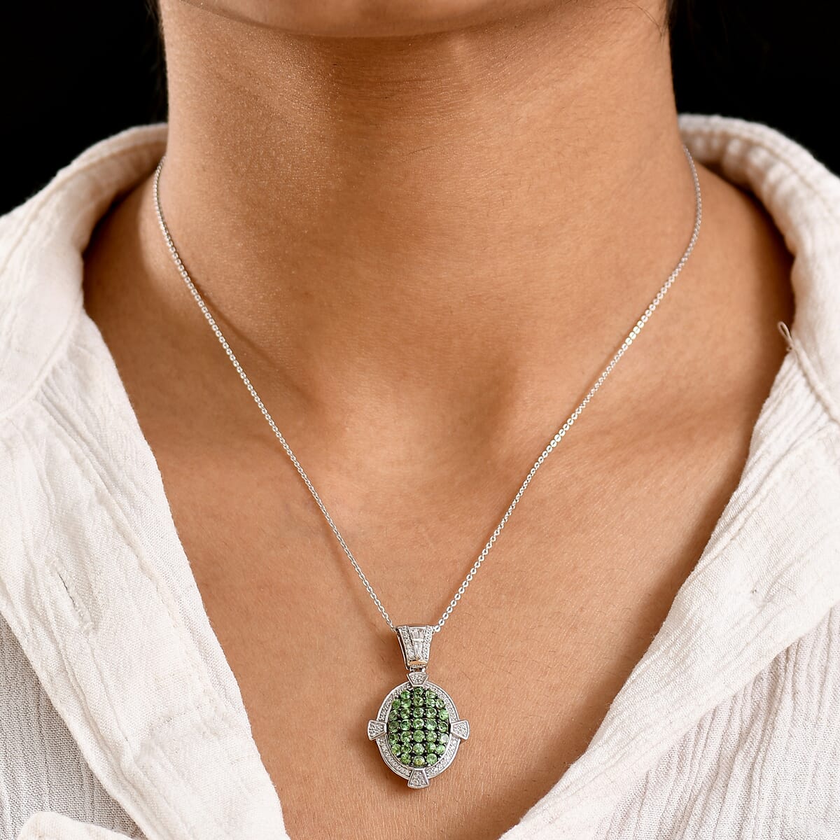 D'Joy Premium Tsavorite Garnet and White Zircon 2.30 ctw Art Deco Pendant Necklace in Rhodium Over Sterling Silver 20 Inches image number 2