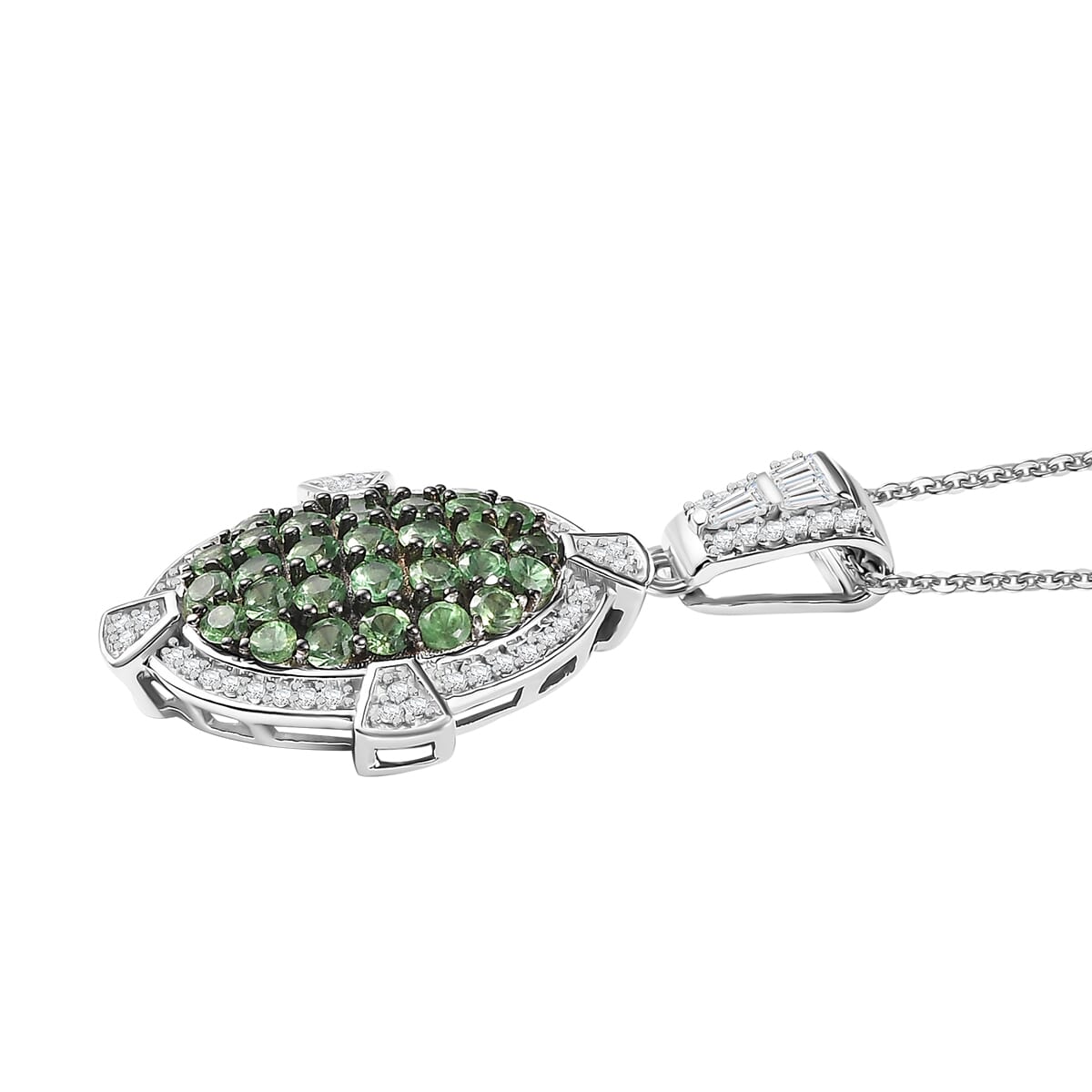 D'Joy Premium Tsavorite Garnet and White Zircon 2.30 ctw Art Deco Pendant Necklace in Rhodium Over Sterling Silver 20 Inches image number 3