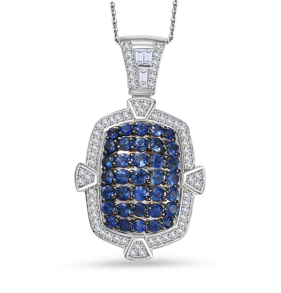 D'Joy Premium Ceylon Blue Sapphire and White Zircon 2.40 ctw Art Deco Pendant Necklace 20 Inches in Rhodium Over Sterling Silver image number 0