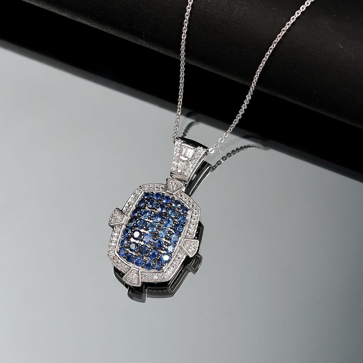 D'Joy Premium Ceylon Blue Sapphire and White Zircon 2.40 ctw Art Deco Pendant Necklace 20 Inches in Rhodium Over Sterling Silver image number 1