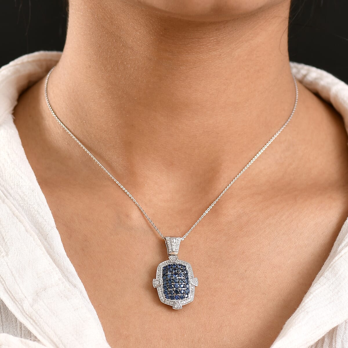 D'Joy Premium Ceylon Blue Sapphire and White Zircon 2.40 ctw Art Deco Pendant Necklace 20 Inches in Rhodium Over Sterling Silver image number 2