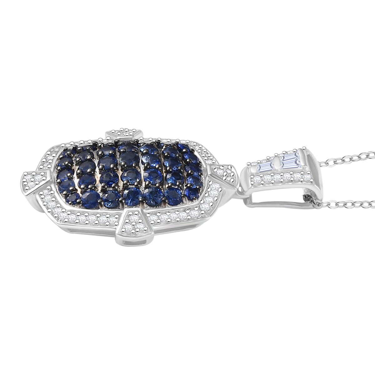 D'Joy Premium Ceylon Blue Sapphire and White Zircon 2.40 ctw Art Deco Pendant Necklace 20 Inches in Rhodium Over Sterling Silver image number 3