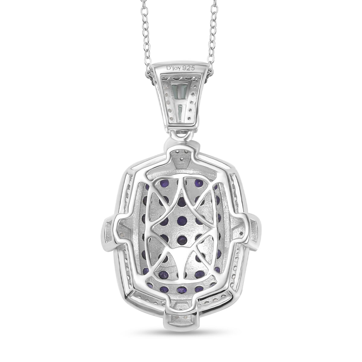D'Joy Premium Ceylon Blue Sapphire and White Zircon 2.40 ctw Art Deco Pendant Necklace 20 Inches in Rhodium Over Sterling Silver image number 4