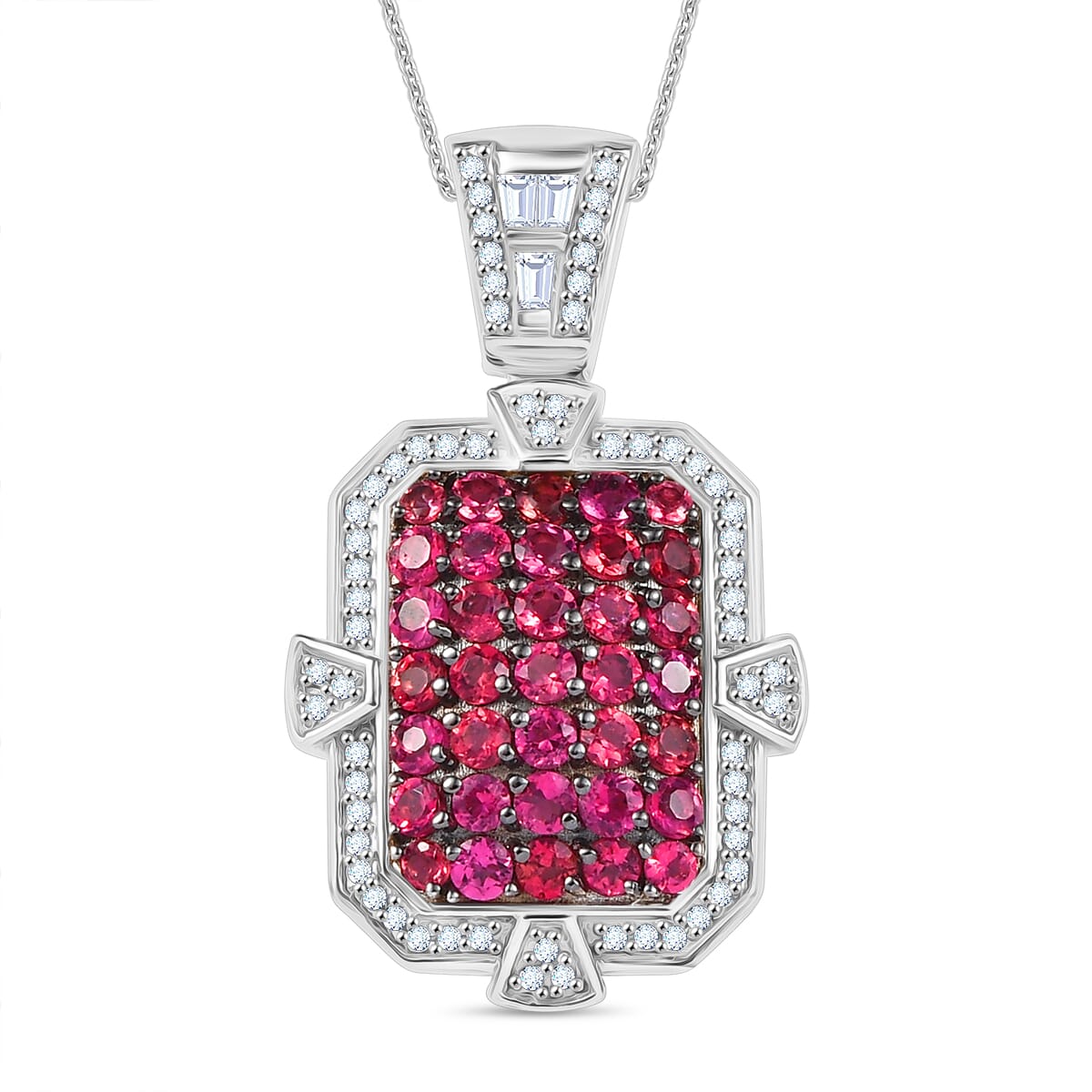 D'Joy Premium Ouro Fino Rubellite and White Zircon 2.40 ctw Art Deco Pendant Necklace in Rhodium Over Sterling Silver 20 Inches image number 0