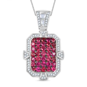D'Joy Premium Ouro Fino Rubellite and White Zircon 2.40 ctw Art Deco Pendant Necklace in Rhodium Over Sterling Silver 20 Inches