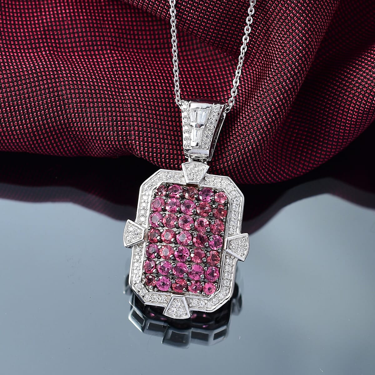D'Joy Premium Ouro Fino Rubellite and White Zircon 2.40 ctw Art Deco Pendant Necklace in Rhodium Over Sterling Silver 20 Inches image number 1