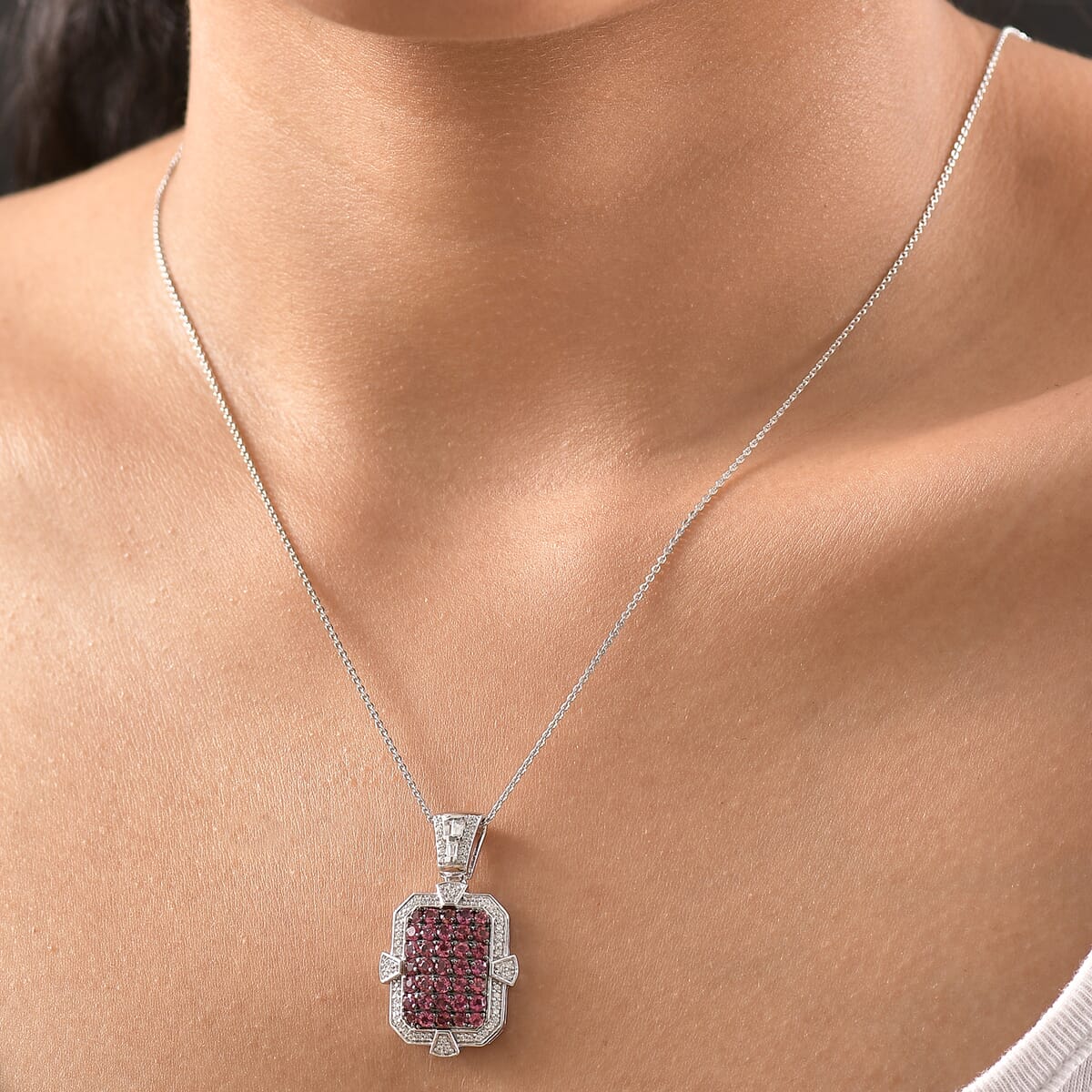 D'Joy Premium Ouro Fino Rubellite and White Zircon 2.40 ctw Art Deco Pendant Necklace in Rhodium Over Sterling Silver 20 Inches image number 2