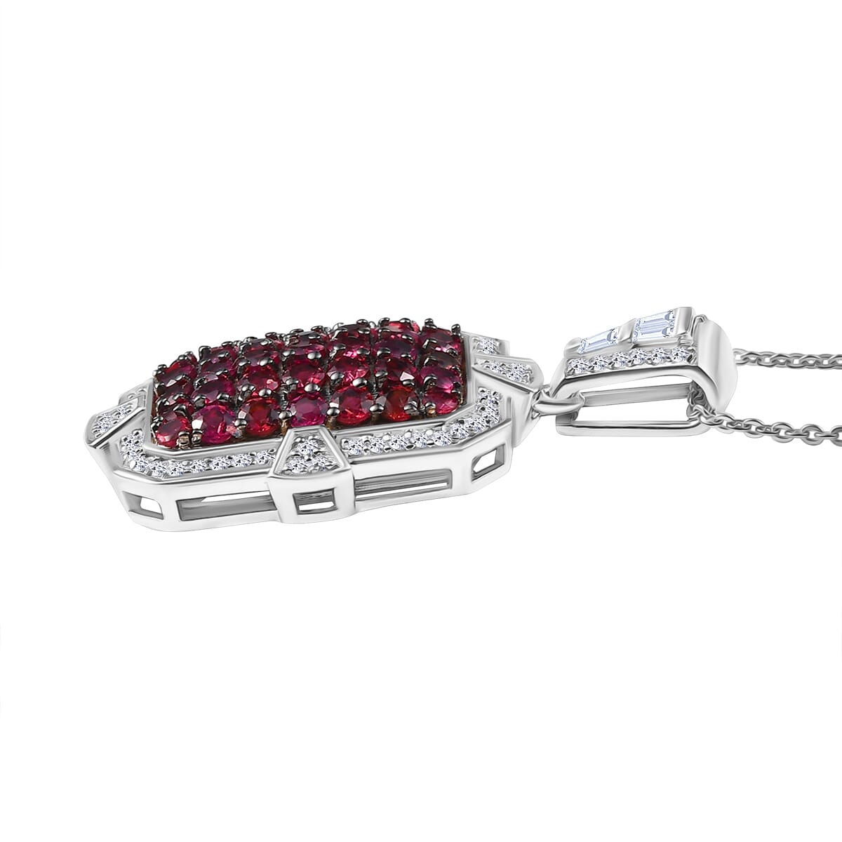 D'Joy Premium Ouro Fino Rubellite and White Zircon 2.40 ctw Art Deco Pendant Necklace in Rhodium Over Sterling Silver 20 Inches image number 3