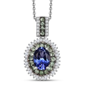 AAA Tanzanite, Tsavorite Garnet and Diamond 1.70 ctw Celestial Glow Pendant Necklace in Rhodium Over Sterling Silver 20 Inches
