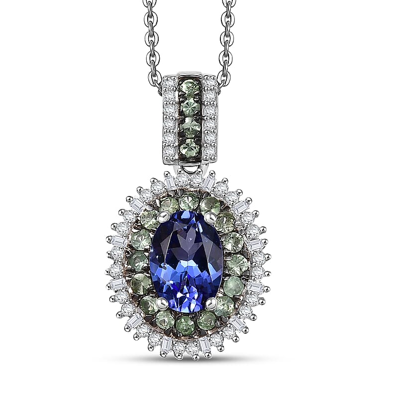 AAA Tanzanite, Tsavorite Garnet and Diamond 1.70 ctw Celestial Glow Pendant Necklace in Rhodium Over Sterling Silver 20 Inches