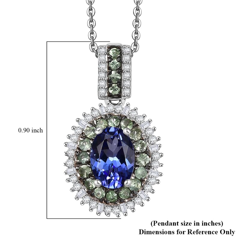 AAA Tanzanite, Tsavorite Garnet and Diamond 1.70 ctw Celestial Glow Pendant Necklace in Rhodium Over Sterling Silver 20 Inches