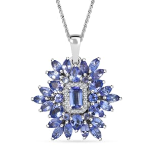 Tanzanite and White Zircon 3.00 ctw Siberian Bugloss Floral Pendant Necklace in Rhodium Over Sterling Silver 20 Inches