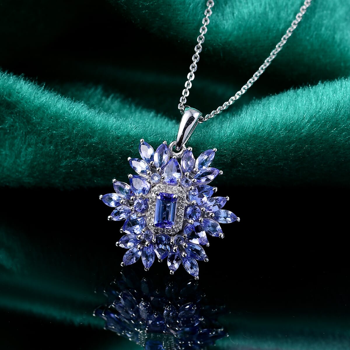 Tanzanite and White Zircon 3.00 ctw Siberian Bugloss Floral Pendant Necklace in Rhodium Over Sterling Silver 20 Inches image number 1