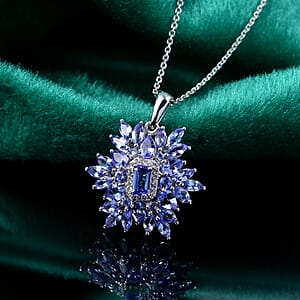 D'Joy Tanzanite and White Zircon 3.00 ctw Siberian Bugloss Floral Pendant Necklace in Rhodium Over Sterling Silver 20 Inches