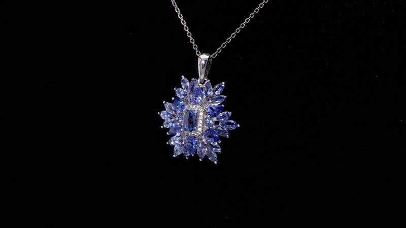 D'Joy Tanzanite and White Zircon 3.00 ctw Siberian Bugloss Floral Pendant Necklace in Rhodium Over Sterling Silver 20 Inches