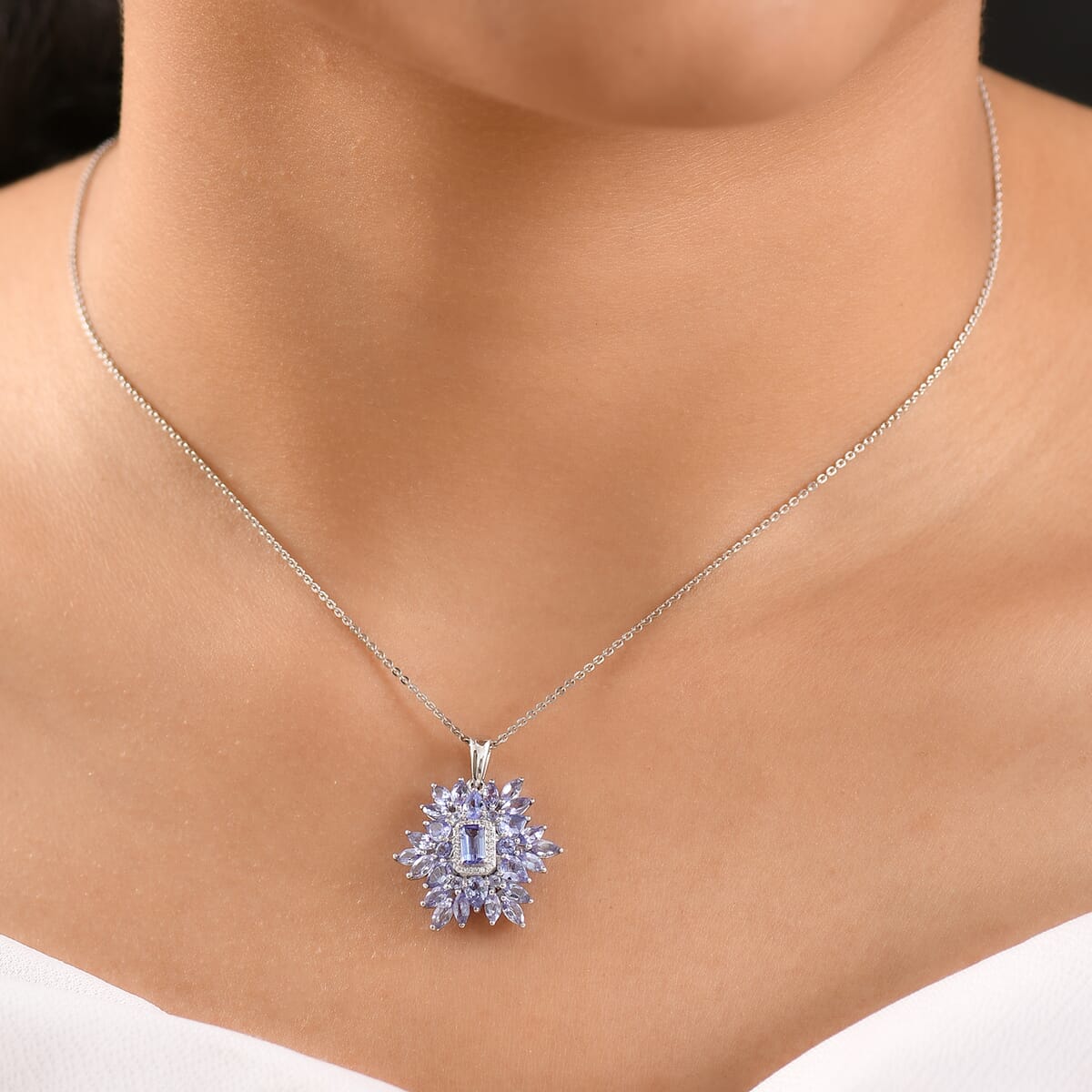 Tanzanite and White Zircon 3.00 ctw Siberian Bugloss Floral Pendant Necklace in Rhodium Over Sterling Silver 20 Inches image number 2