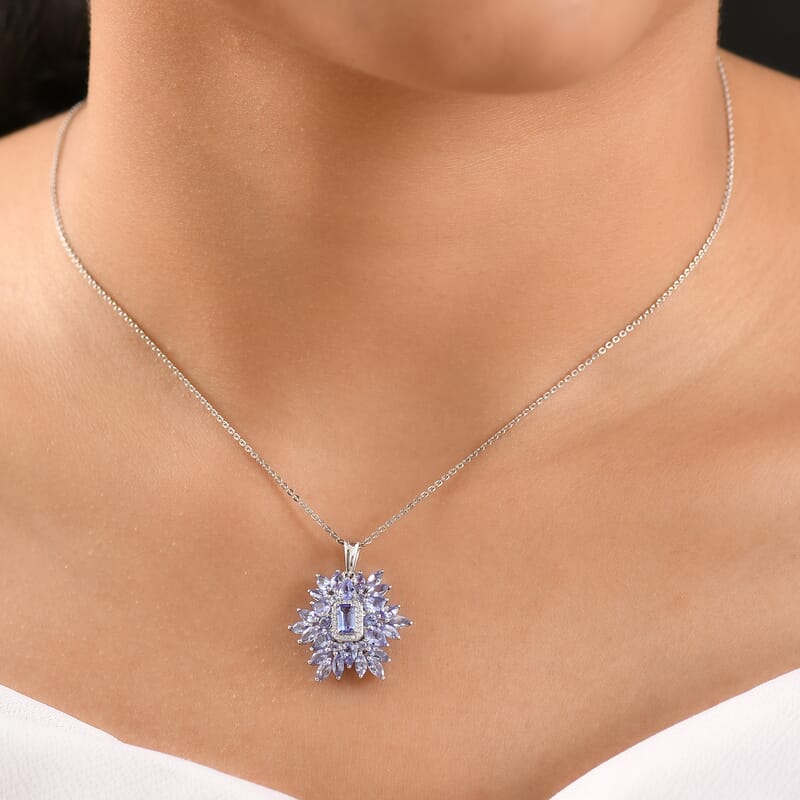 D'Joy Tanzanite and White Zircon 3.00 ctw Siberian Bugloss Floral Pendant Necklace in Rhodium Over Sterling Silver 20 Inches