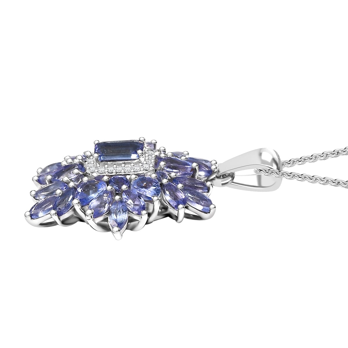Tanzanite and White Zircon 3.00 ctw Siberian Bugloss Floral Pendant Necklace in Rhodium Over Sterling Silver 20 Inches image number 3