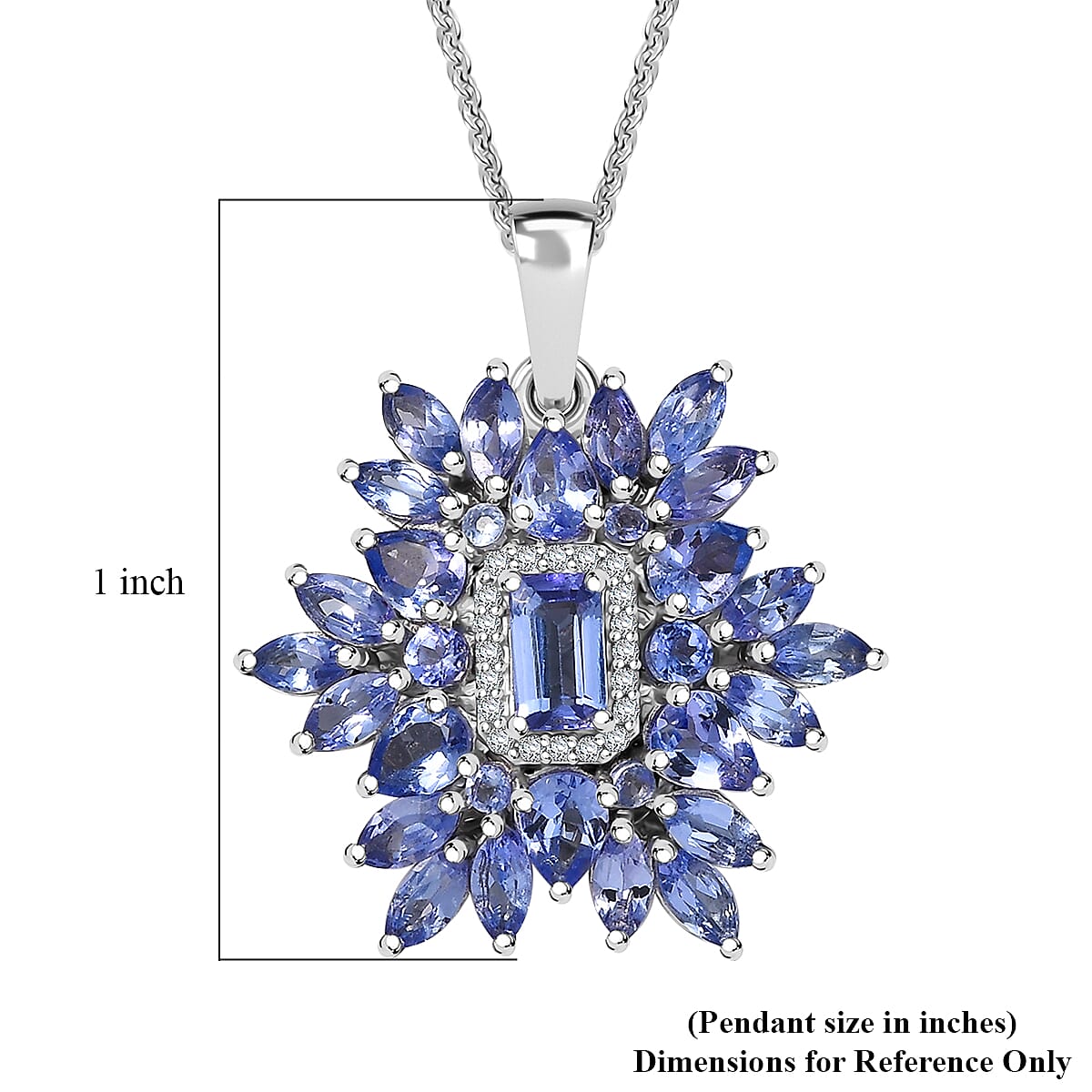 D'Joy Tanzanite and White Zircon 3.00 ctw Siberian Bugloss Floral Pendant Necklace in Rhodium Over Sterling Silver 20 Inches