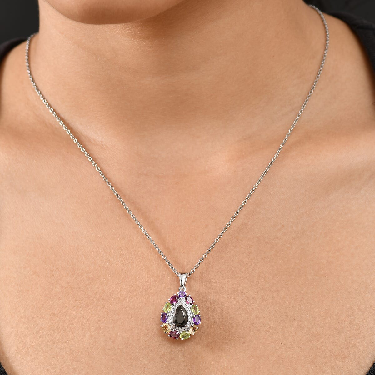 EverTrue Elite Shungite and Multi Gemstone 2.90 ctw Pendant in Platinum Bond with Stainless Steel Necklace 20 inches image number 2