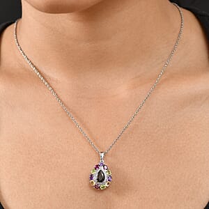 EverTrue Elite Shungite and Multi Gemstone 2.90 ctw Pendant in Platinum Bond with Stainless Steel Necklace 20 inches