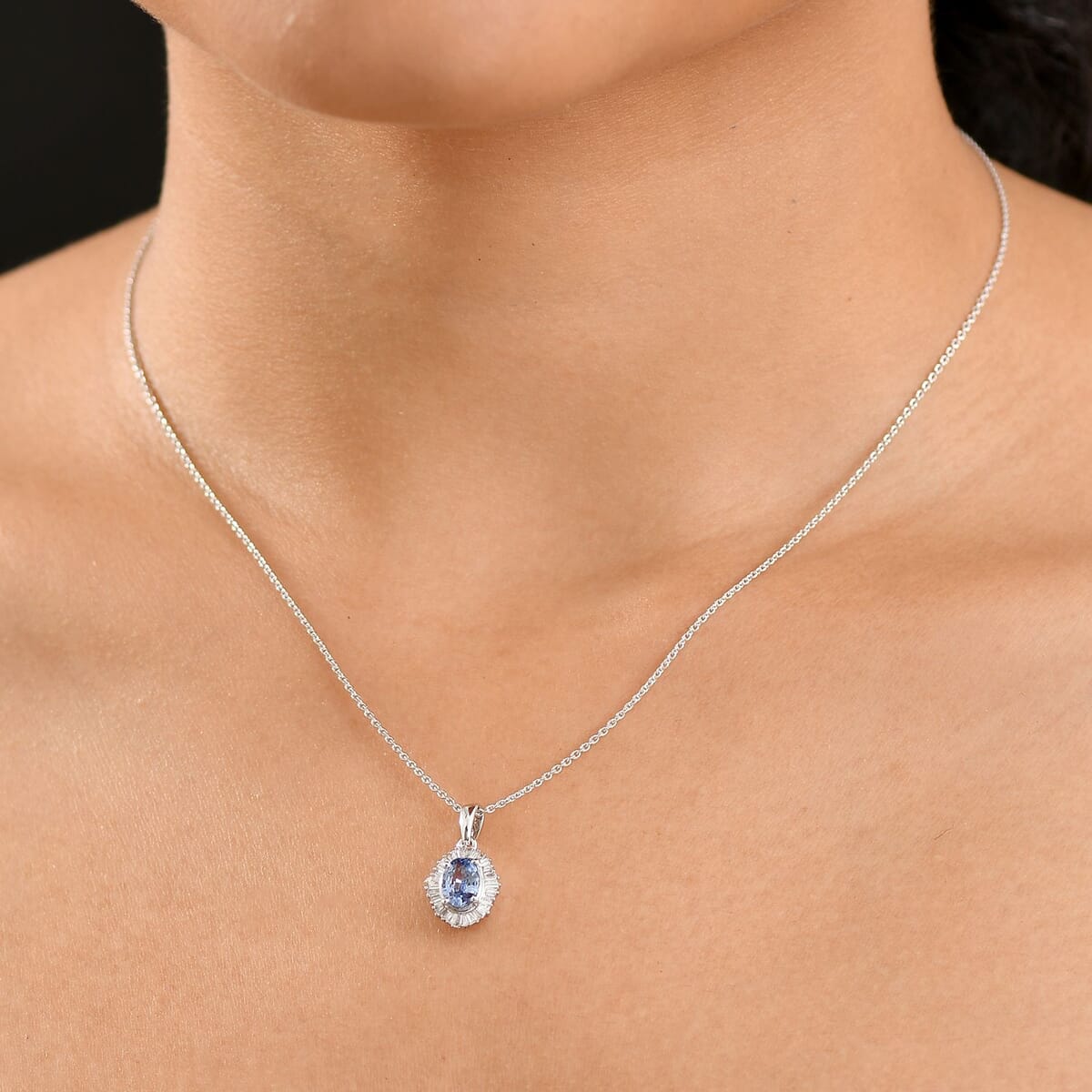 Luxoro Premium Ceylon Blue Sapphire and Diamond G-H I2 1.10 ctw Crownwave Pendant Necklace in 10K White Gold 18 Inches image number 2