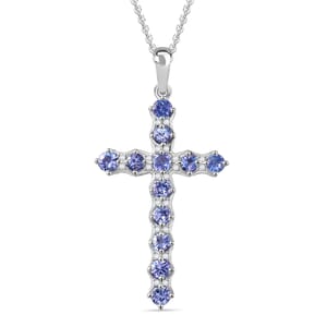 Tanzanite and White Zircon 1.50 ctw Cross Pendant Necklace in Rhodium Over Sterling Silver 20 Inches
