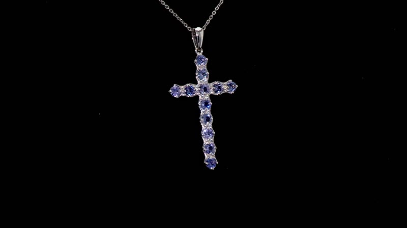 Tanzanite and White Zircon 1.50 ctw Cross Pendant Necklace in Rhodium Over Sterling Silver 20 Inches
