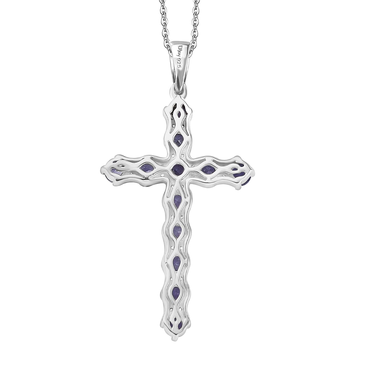 Tanzanite and White Zircon 1.50 ctw Cross Pendant Necklace in Rhodium Over Sterling Silver 20 Inches