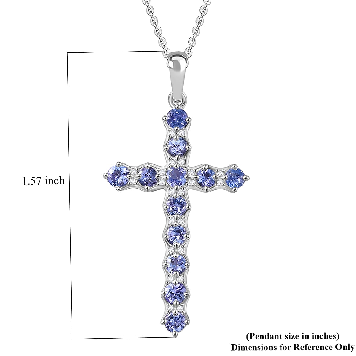 Tanzanite and White Zircon 1.50 ctw Cross Pendant Necklace in Rhodium Over Sterling Silver 20 Inches