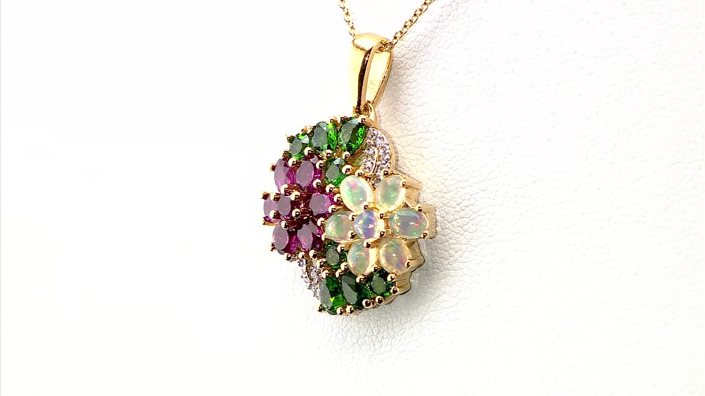 Orissa Rhodolite Garnet and White Zircon 3.50 ctw Plumeria Flower Pendant Necklace in 18K Vermeil Yellow Gold Over Sterling Silver 20 Inches