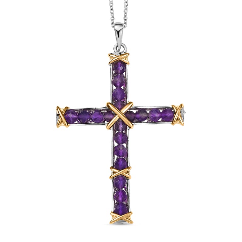 EverTrue African Amethyst 5.60 ctw Cross Pendant in 18K YG Plated and Platinum Bond with Stainless Steel Necklace 20 Inches