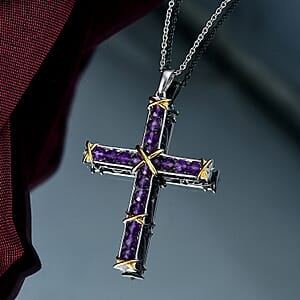 EverTrue African Amethyst 5.60 ctw Cross Pendant in 18K YG Plated and Platinum Bond with Stainless Steel Necklace 20 Inches
