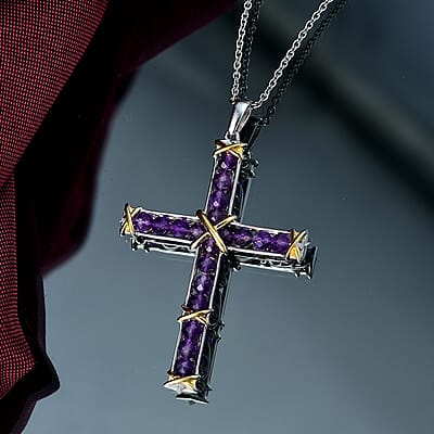EverTrue African Amethyst 5.60 ctw Cross Pendant in 18K YG Plated and Platinum Bond with Stainless Steel Necklace 20 Inches