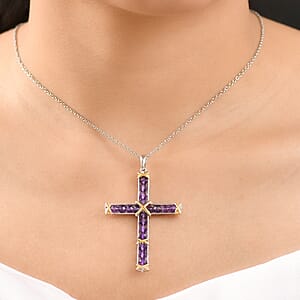 EverTrue African Amethyst 5.60 ctw Cross Pendant in 18K YG Plated and Platinum Bond with Stainless Steel Necklace 20 Inches