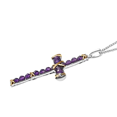 EverTrue African Amethyst 5.60 ctw Cross Pendant in 18K YG Plated and Platinum Bond with Stainless Steel Necklace 20 Inches