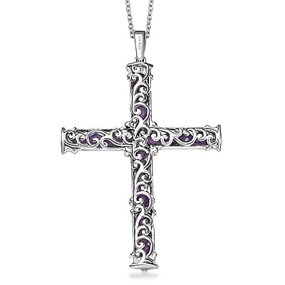 EverTrue African Amethyst 5.60 ctw Cross Pendant in 18K YG Plated and Platinum Bond with Stainless Steel Necklace 20 Inches