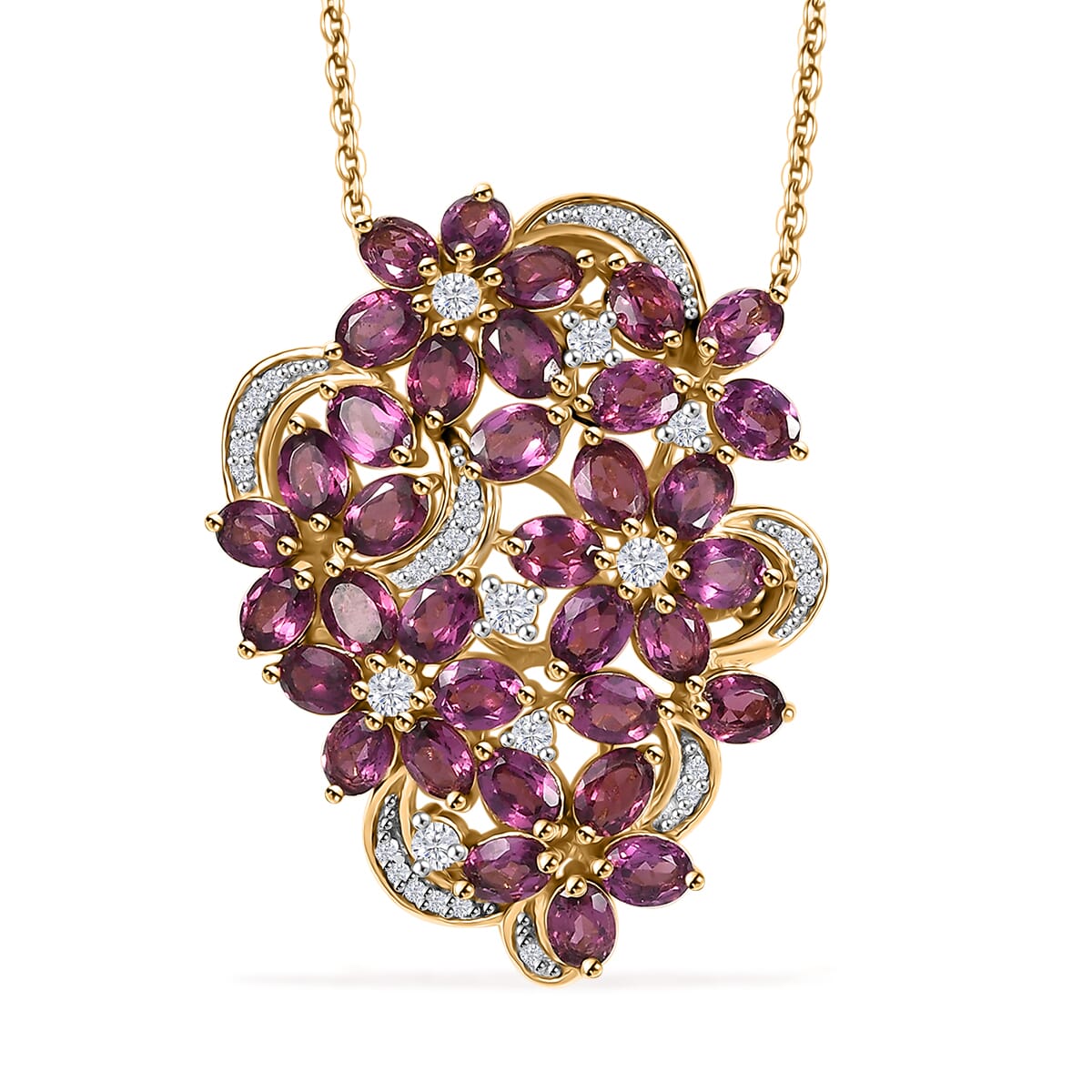 Orissa Rhodolite Garnet and White Zircon 9.40 ctw Bunch of Flower Pendant Necklace in 18K Vermeil Yellow Gold Over Sterling Silver 20 Inches image number 0