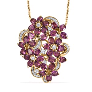 Orissa Rhodolite Garnet and White Zircon 9.40 ctw Bunch of Flower Pendant Necklace in 18K Vermeil Yellow Gold Over Sterling Silver 20 Inches
