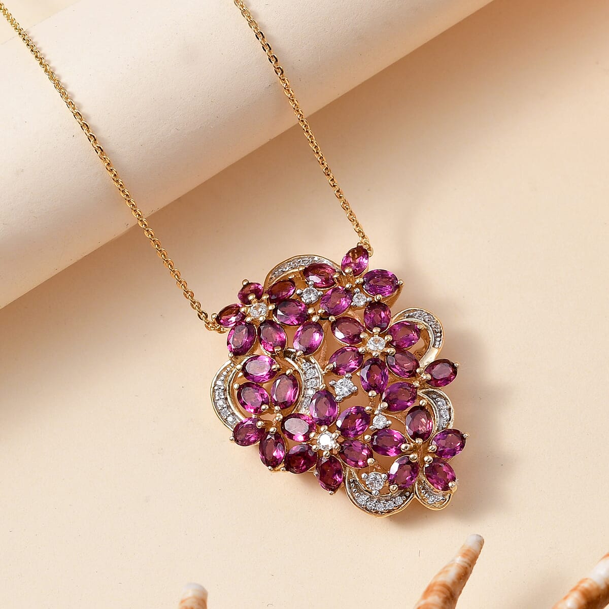 Orissa Rhodolite Garnet and White Zircon 9.40 ctw Bunch of Flower Pendant Necklace in 18K Vermeil Yellow Gold Over Sterling Silver 20 Inches image number 1