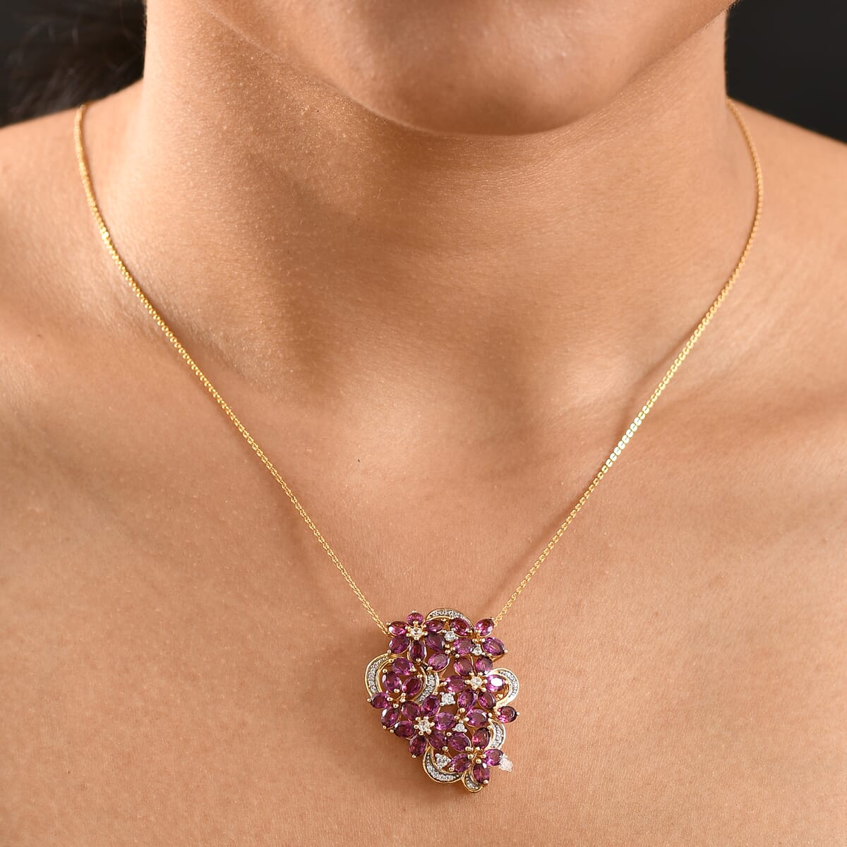 Orissa Rhodolite Garnet and White Zircon 9.40 ctw Bunch of Flower Pendant Necklace in 18K Vermeil Yellow Gold Over Sterling Silver 20 Inches image number 2