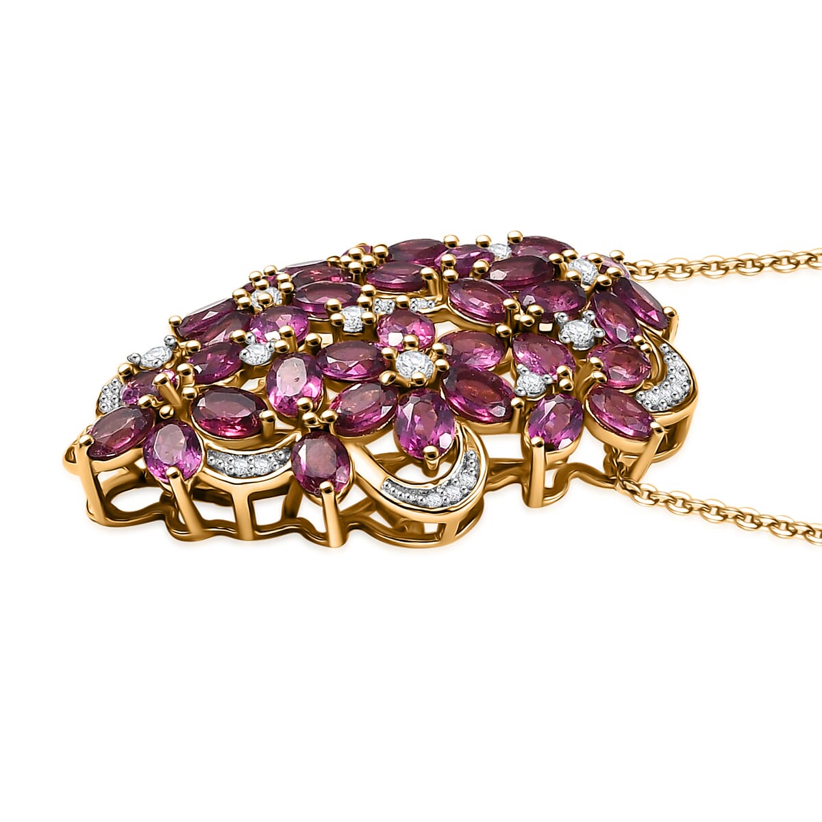 Orissa Rhodolite Garnet and White Zircon 9.40 ctw Bunch of Flower Pendant Necklace in 18K Vermeil Yellow Gold Over Sterling Silver 20 Inches image number 3