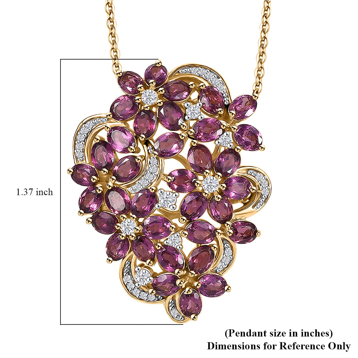 Orissa Rhodolite Garnet and White Zircon 9.40 ctw Bunch of Flower Pendant Necklace in 18K Vermeil Yellow Gold Over Sterling Silver 20 Inches